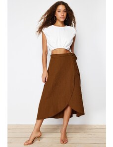 Trendyol Camel Double Breasted Closure Tie Detail Midi Woven Skirt