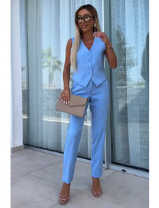FashionForYou Compleu elegant TopStyle, cu vesta cambrata si pantaloni croi pană, Albastru baby blue, Marime S/M