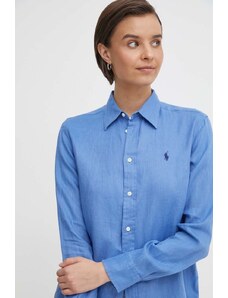 Polo Ralph Lauren cămașă de in culoarea turcoaz, cu guler clasic, regular 211920516