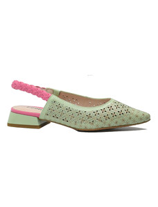 Pantofi dama Feeling decupati verde cu roz, din piele naturala FLG2449