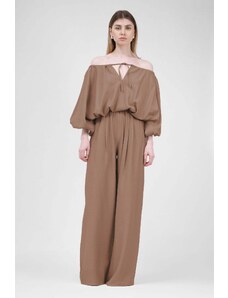 BLUZAT Camel Linen Set With Shirt With Pockets And Wide Leg Trousers