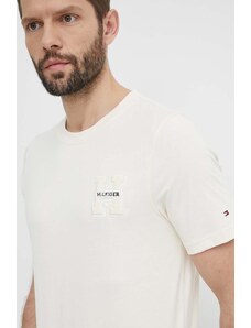 Tommy Hilfiger tricou din bumbac bărbați, culoarea bej, cu imprimeu, MW0MW34436