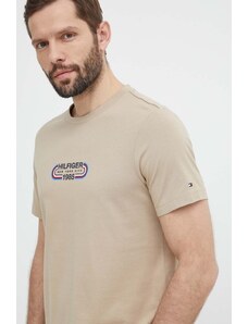 Tommy Hilfiger tricou din bumbac bărbați, culoarea bej, cu imprimeu, MW0MW34429