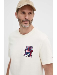 Tommy Hilfiger tricou din bumbac bărbați, culoarea bej, cu imprimeu, MW0MW34423
