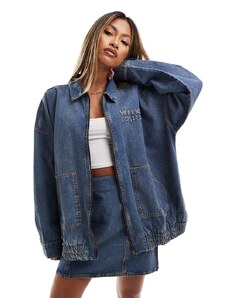 ASOS Weekend Collective denim bomber jacket with logo in mid blue wash