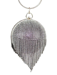 FashionForYou Geanta de ocazie, Shining Sphere, cu lanturi metalice si strasuri artizanale, Argintiu