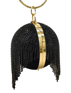 FashionForYou Geanta de ocazie, Shining Sphere, cu lanturi metalice si strasuri artizanale, Negru/Auriu