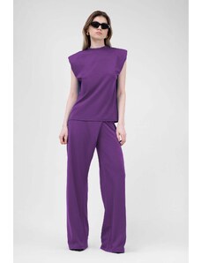 BLUZAT Deep purple Set With T-shirt And Asymmetrical Wide Leg Trousers