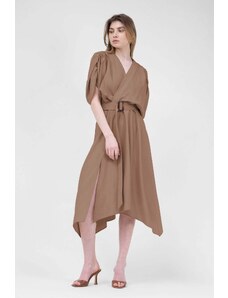 BLUZAT Brown Linen Midi Dress With Belt