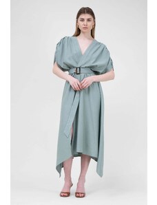 BLUZAT Mint Linen Midi Dress With Belt