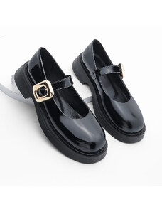 Marjin Women's Loafer Band Buckled Thick Sole Casual Shoes Reyce Black Patent Leather