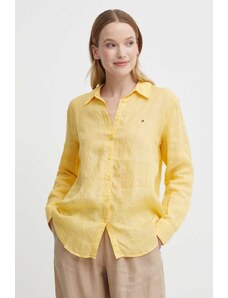 Tommy Hilfiger cămașă de in culoarea galben, cu guler clasic, relaxed, WW0WW42037