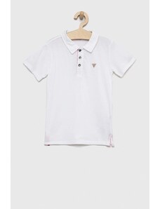 Guess tricouri polo din bumbac pentru copii culoarea alb, neted
