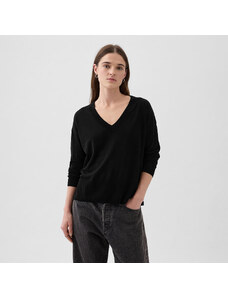 Hanorac pentru femei GAP Longsleeve Linen Split Hem Pullover Sweater Black