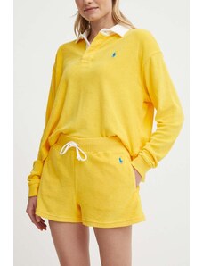 Polo Ralph Lauren pantaloni scurti femei, culoarea galben, neted, high waist, 211936222