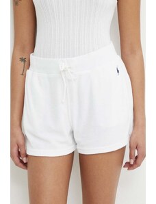 Polo Ralph Lauren pantaloni scurti femei, culoarea alb, neted, high waist, 211936222
