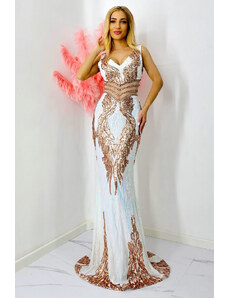 FashionForYou Rochie lunga Harper, cu spatele gol, cristale si detalii din tull, Auriu/Multicolor (Marime: S/M)