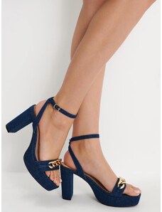 Sandale cu aplicatii metalice, model denim, cu toc inalt si varf decupat, albastru, dama, Mohito