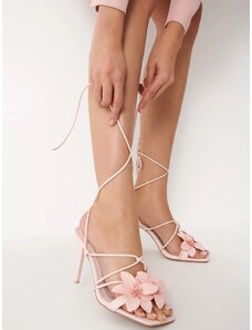 Sandale cu toc inalt, aplicatii florare si snur pe picior, roz, dama, Mohito