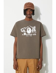 A Bathing Ape tricou din bumbac Bape Camp Tee barbati, culoarea maro, cu imprimeu, 1J80110046
