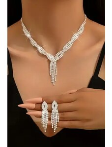 Fashion Jewelry Set de bijuterii cu colier, cercei, bratara decorata cu strasuri stralucitoare, argintiu, dama