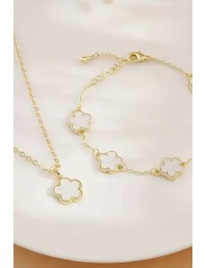 Fashion Jewelry Set colier si bratara cu flori, alb, auriu, dama