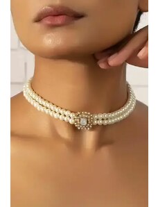 Fashion Jewelry Colier cu 2 randuri perle artificiale, alb, dama