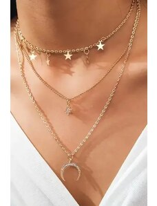 Fashion Jewelry Colier cu pandativ stea si luna, auriu, dama