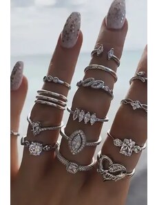 Fashion Jewelry Set 15 inele cu elemente, argintiu, dama