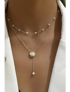 Fashion Jewelry Colier cu perle artificiale, 2 randuri, auriu, dama