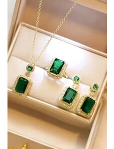 Fashion Jewelry Set bijuterii cu inel, cercei si pandativ incrustat cu stras in forma dreptunghiulara, auriu, dama