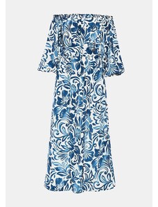 Lynne Off shoulder maxi printed dress with foil details - ALBASTRU-DESCHIS