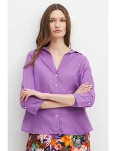 Medicine camasa de in femei, culoarea violet, cu guler clasic, relaxed
