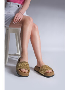 Marjin Women's Hand Knitted Cork Patterned Sole Daily Slippers Linta Gold