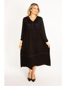 Şans Women's Plus Size Black Flared Detailed Long Sleeve Layered Dress