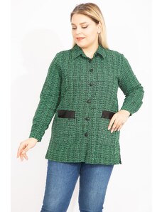 Şans Women's Plus Size Green Bouquette Unlined Jacket with Woven Fabric Faux Leather with Garnish