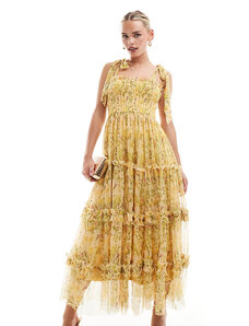Lace & Beads Petite bow shoulder ruffle midi dress in yellow floral
