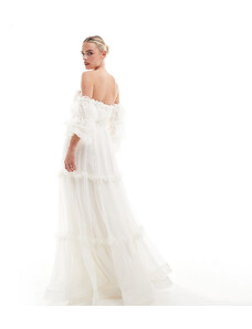Lace & Beads Petite bubble sleeve ruffle maxi dress in ivory-White