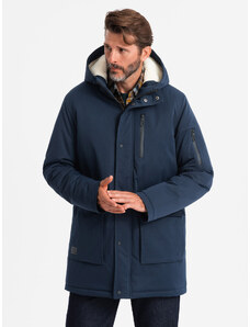Ombre Jachetă lungă sherpa parka pentru bărbați – albastru marin V2 OM-JALJ-0181