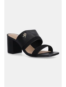 Tommy Hilfiger slapi de piele LEATHER & SUEDE BLOCK HEEL MULE femei, culoarea negru, cu toc drept, FW0FW08530