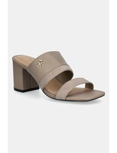 Tommy Hilfiger slapi de piele LEATHER & SUEDE BLOCK HEEL MULE femei, culoarea bej, cu toc drept, FW0FW08530