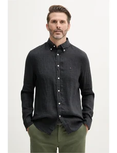 Tommy Hilfiger cămașă de in culoarea albastru marin, cu guler button-down, regular, MW0MW34602