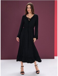 Sinsay - Rochie midi cu volane și funda la decolteu - negru