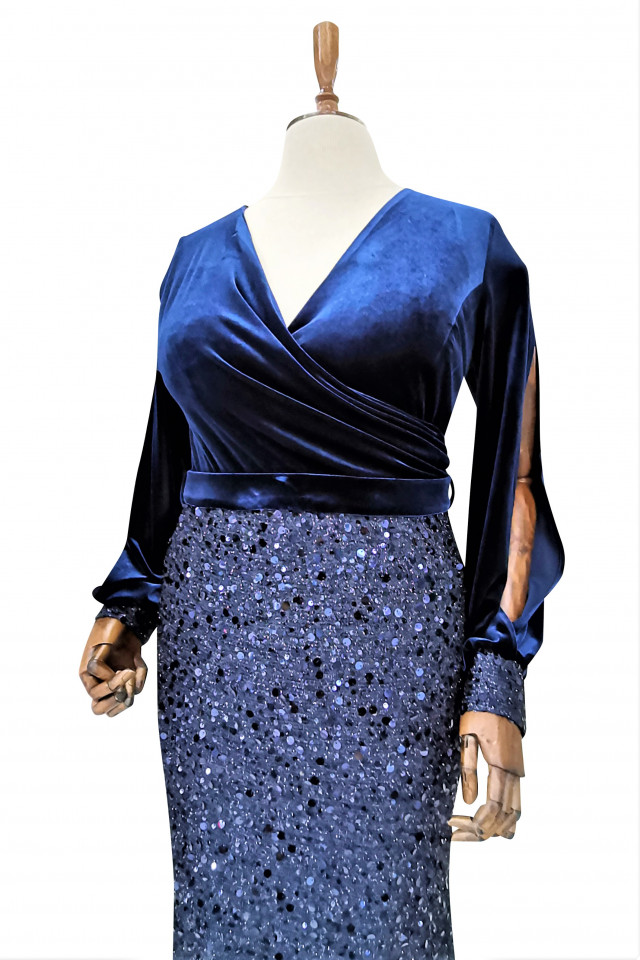 SPEDRE Rochie albastra din catifea si paiete Elektra (Marime: EU/44)