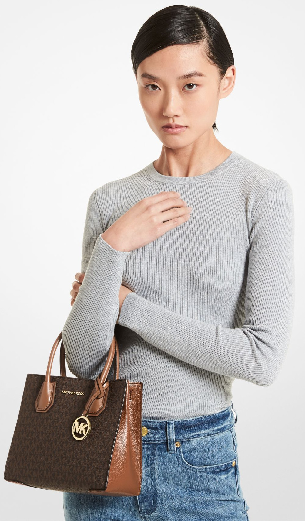 Michael Kors Mercer Medium Logo and Leather Accordion Crossbody Bag Brown