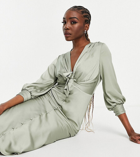 charging Delegate fact ASOS Tall ASOS DESIGN Tall satin tie front midi dress with button detail in  olive-Multi - GLAMI.ro