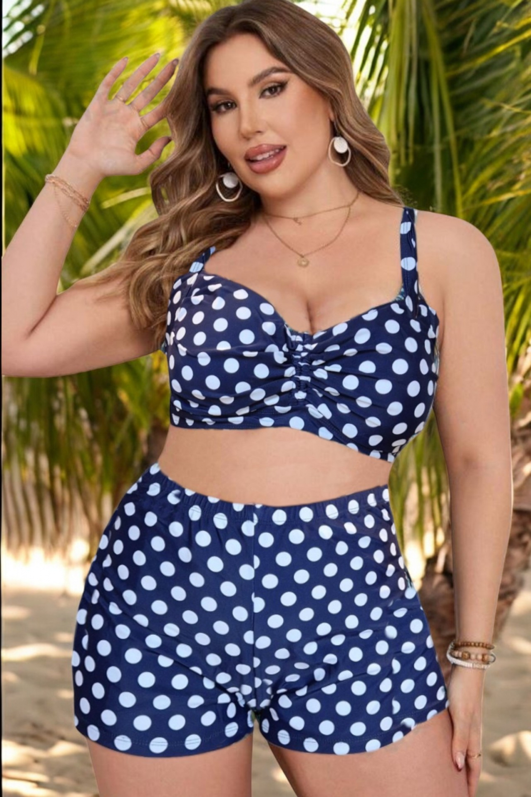 embody Costum de baie 2 piese, marime mare, slipi tip pantaloni scurti, sutien bustiera, bleumarin dots 7128
