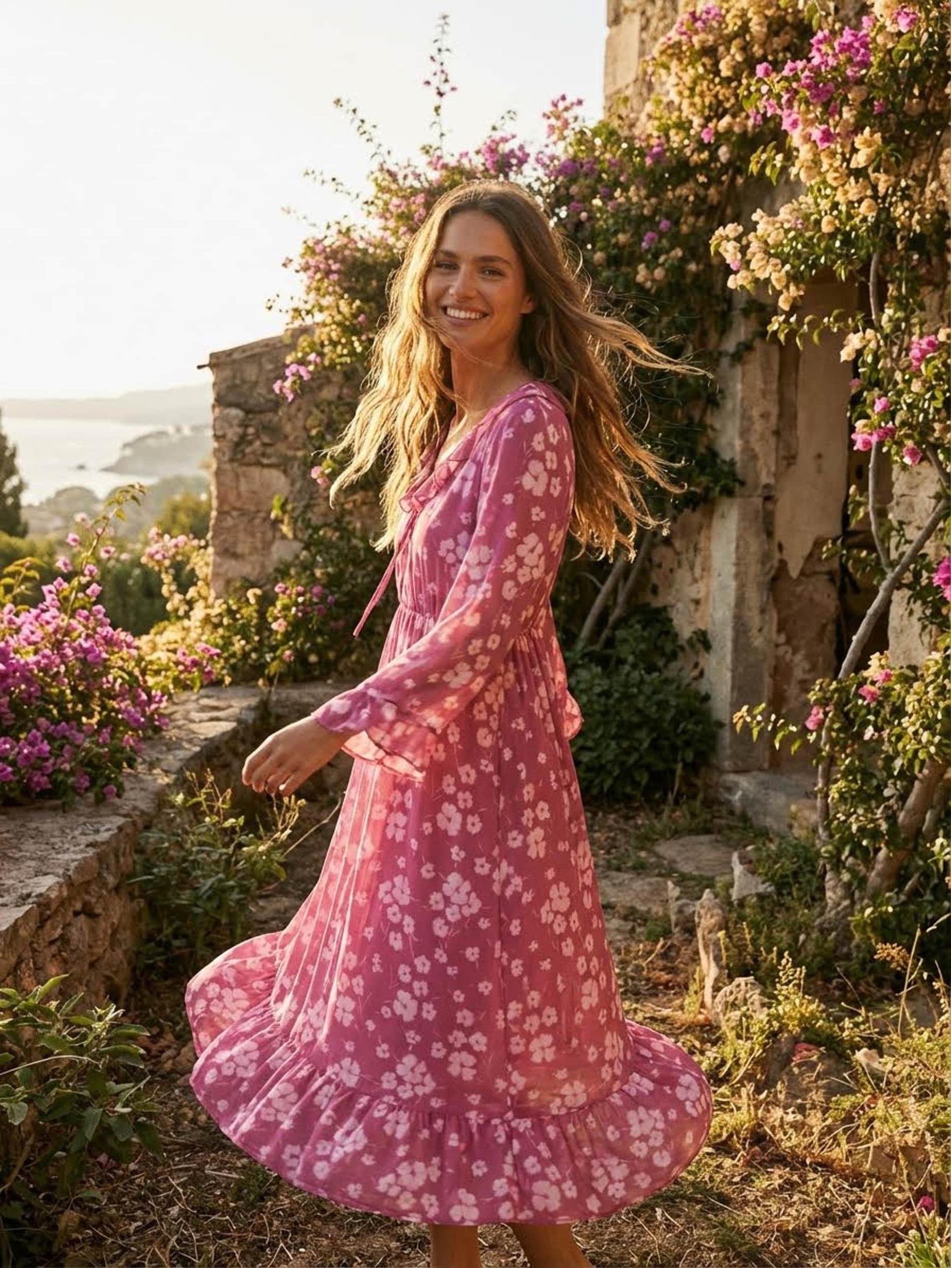 Sinsay - Rochie midi cu volane și funda la decolteu - multicolor