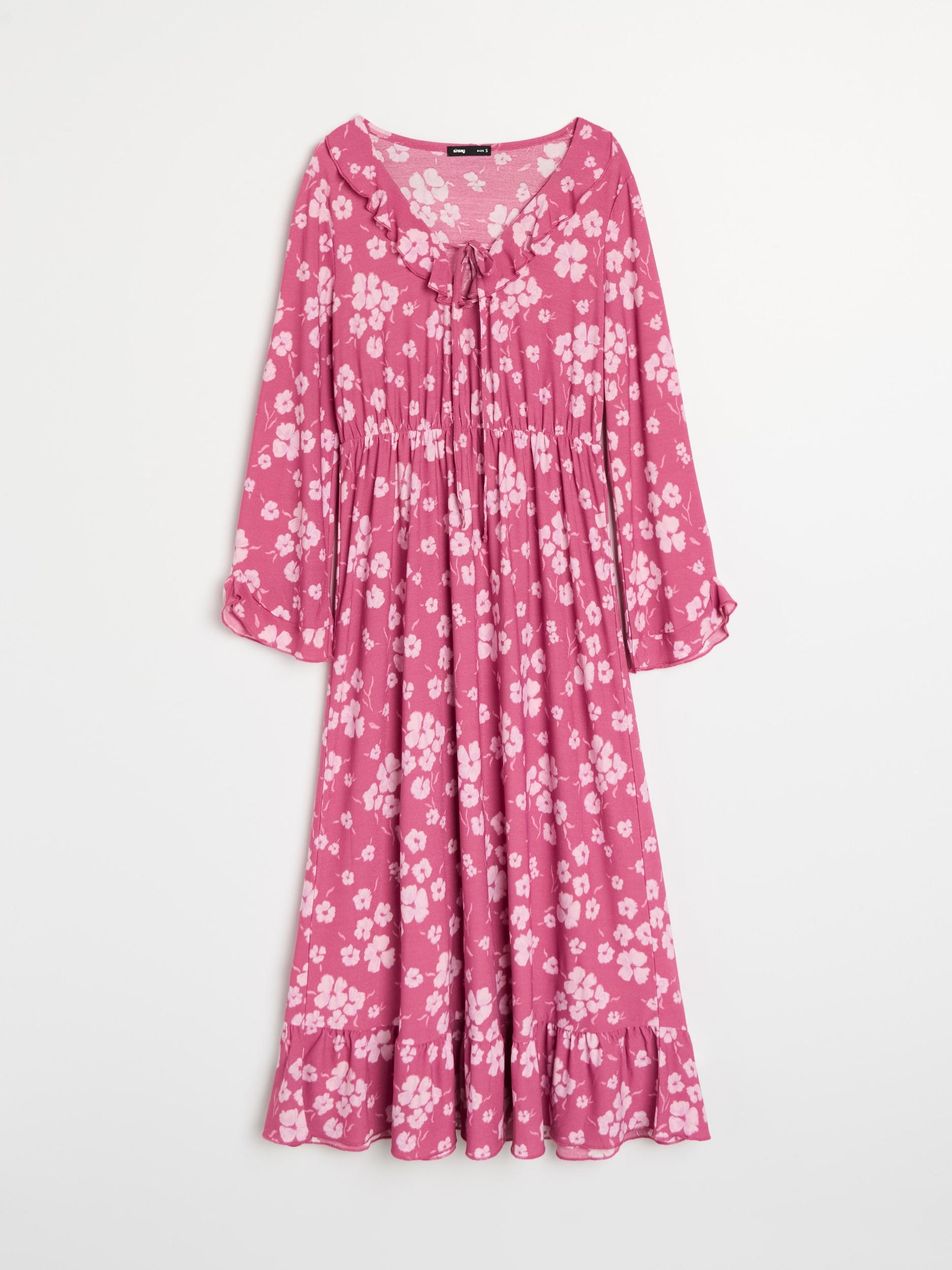 Sinsay - Rochie midi cu volane și funda la decolteu - multicolor