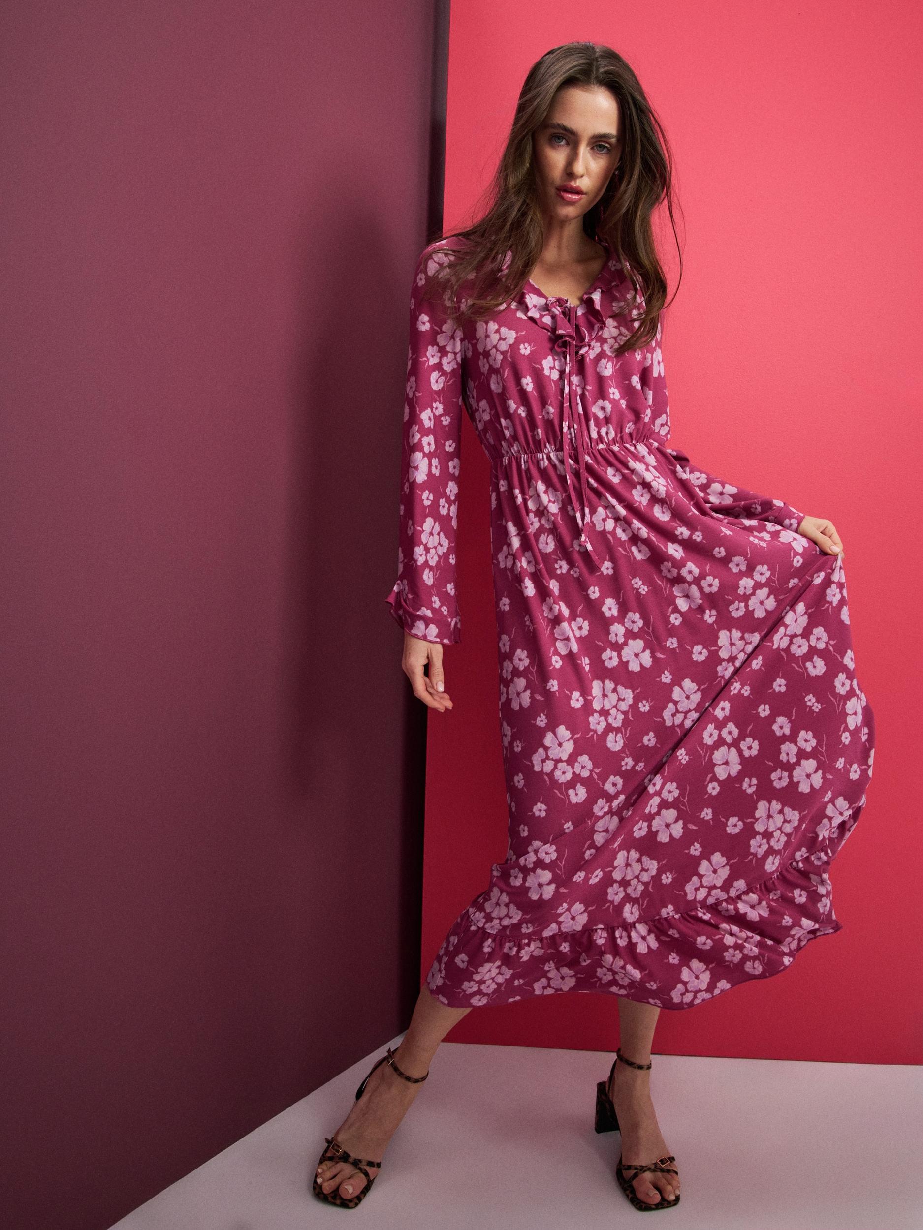 Sinsay - Rochie midi cu volane și funda la decolteu - multicolor